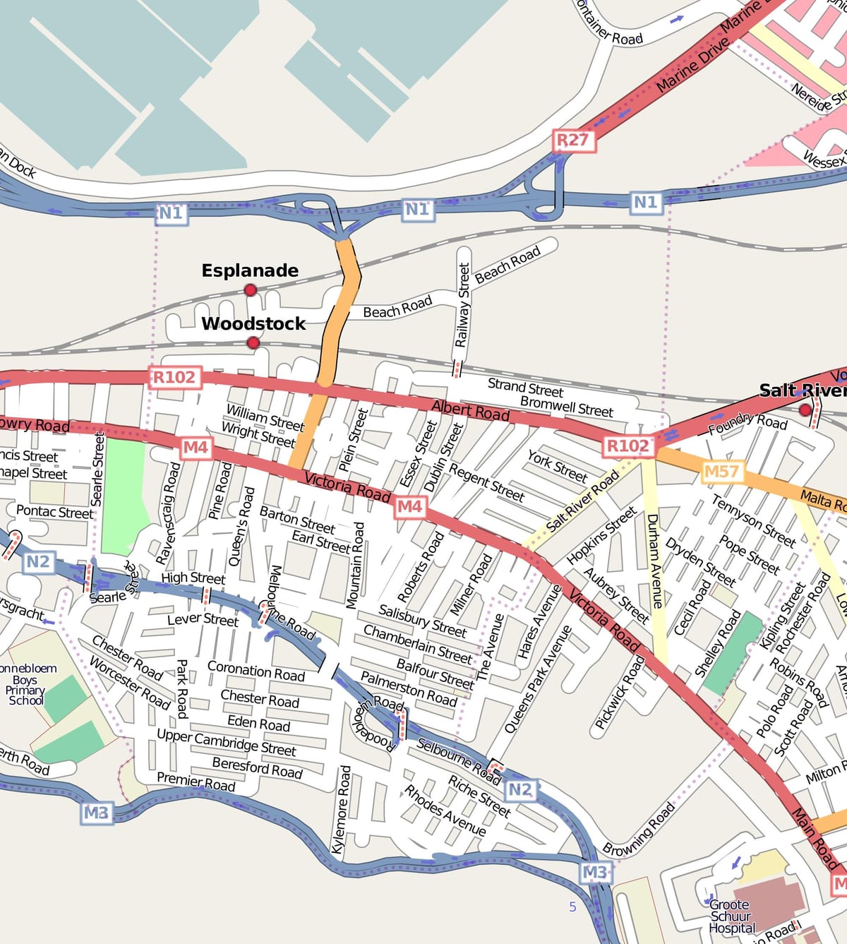 mapa ulica Woodstock Cape town